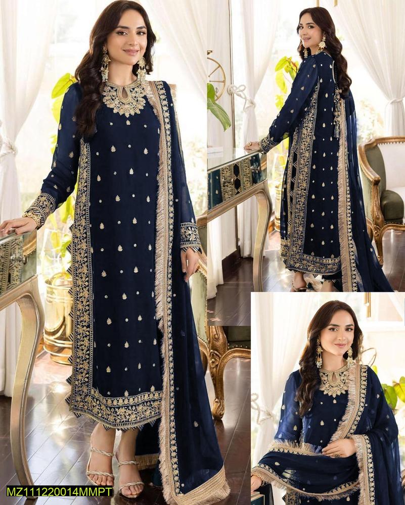 3 Pcs Women’s Stitched Crinkle Chiffon Embroidered Suit