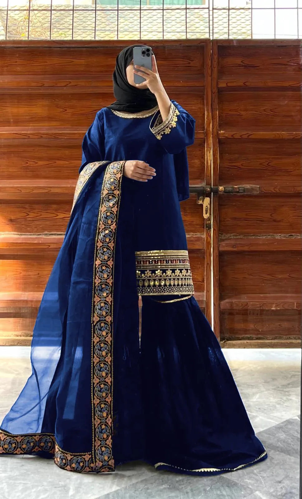Blue Shamoz Silk 3-Piece Wedding Party Set with Gharara & Dupatta