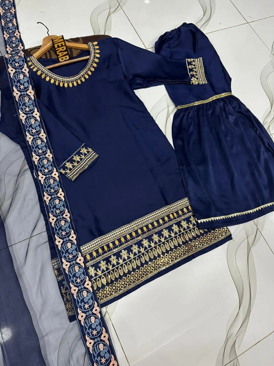 Blue Shamoz Silk 3-Piece Wedding Party Set with Gharara & Dupatta