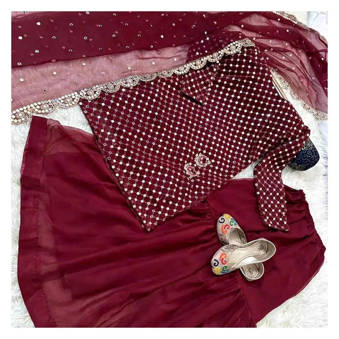 Maroon Zari Embroidered 3-Piece Eid Wedding Set