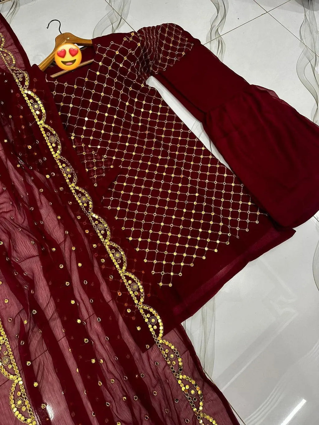 Maroon Zari Embroidered 3-Piece Eid Wedding Set