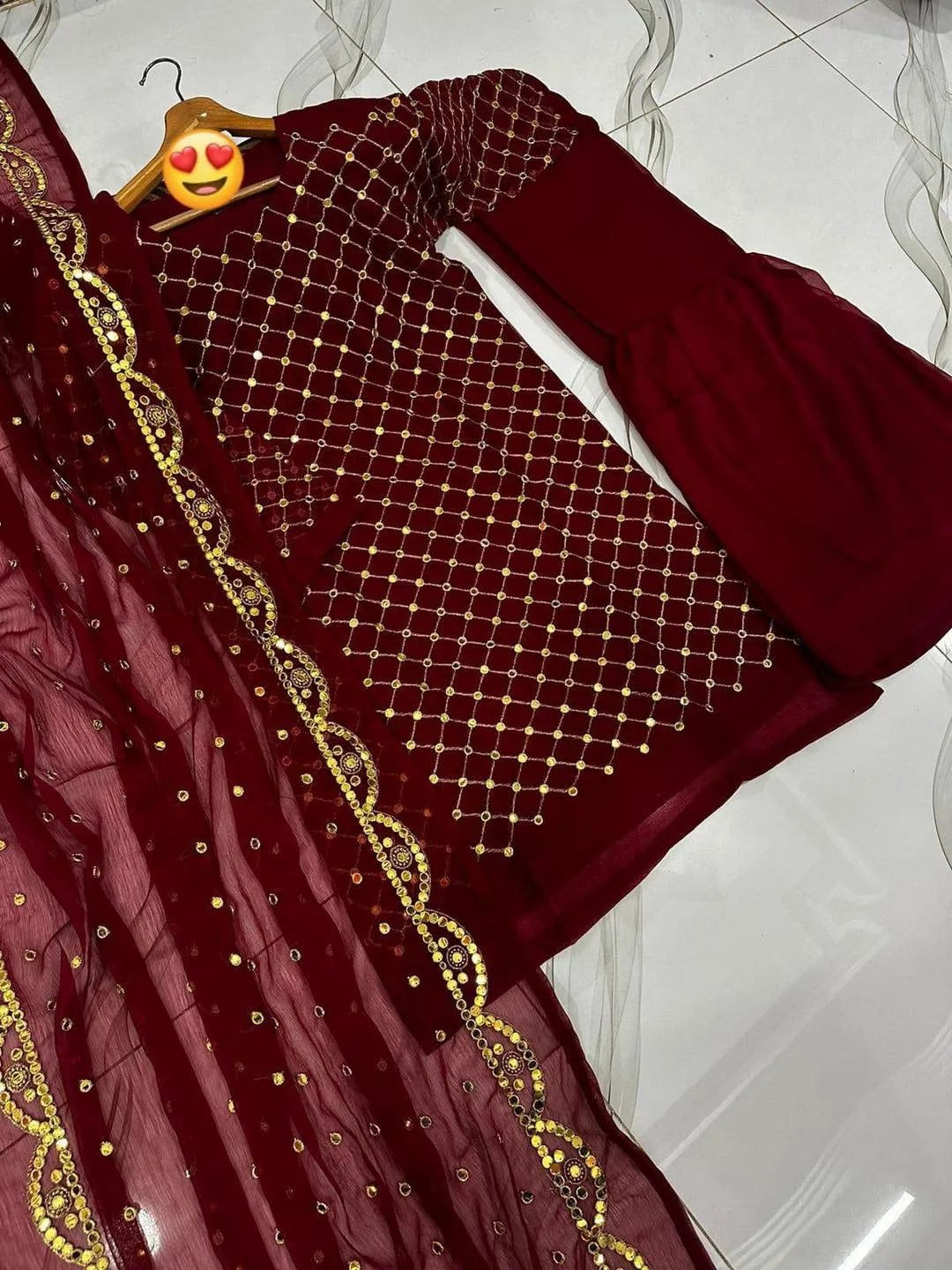 Maroon Zari Embroidered 3-Piece Eid Wedding Set