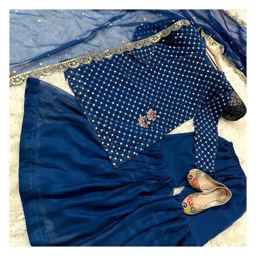 Blue 9MM Sequence Embroidered 3Piece Suit Set