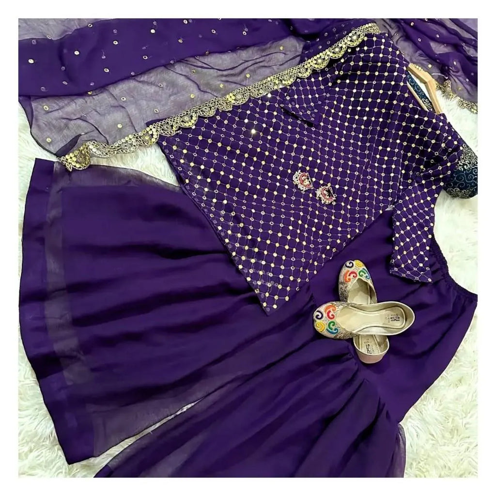 Purple 3Pc Embroidered Suit Set with Dupatta for Eid Party Wear
