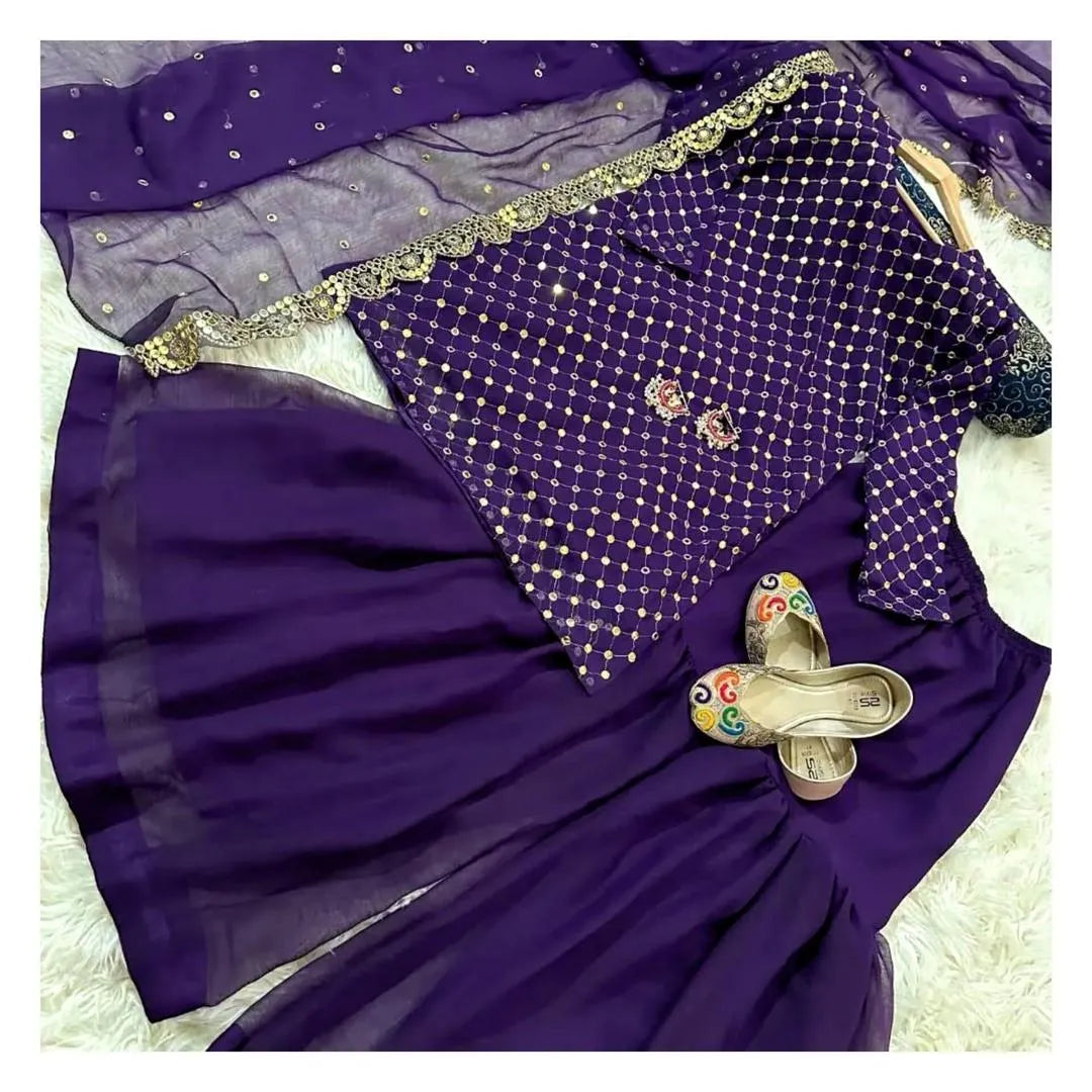 Purple 3Pc Embroidered Suit Set with Dupatta for Eid Party Wear