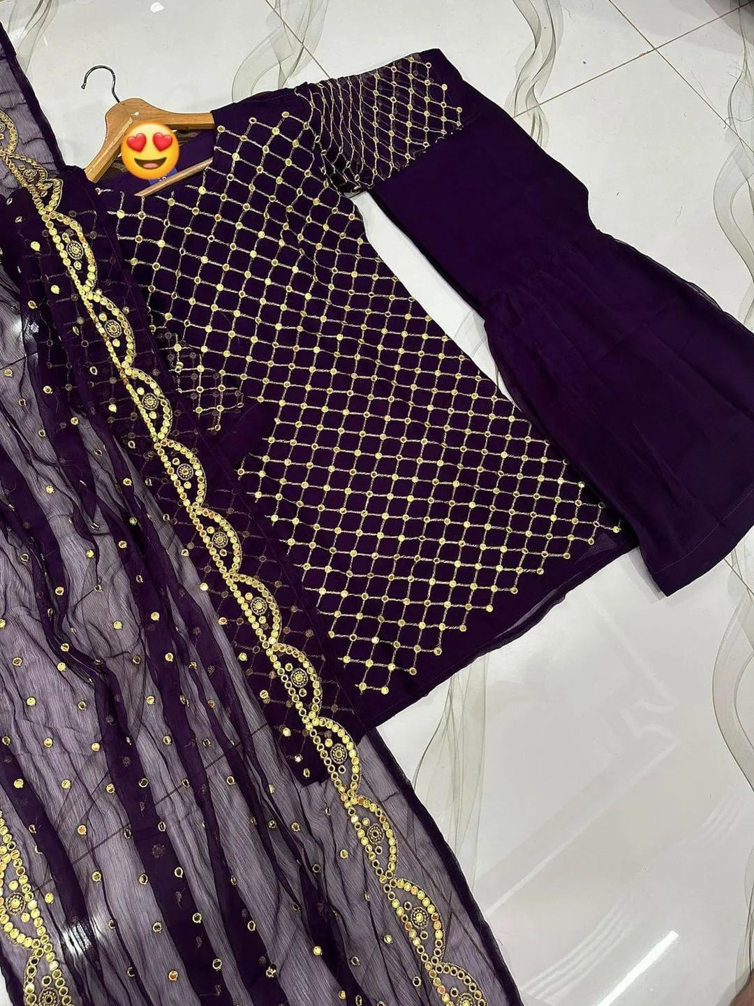 Purple 3Pc Embroidered Suit Set with Dupatta for Eid Party Wear