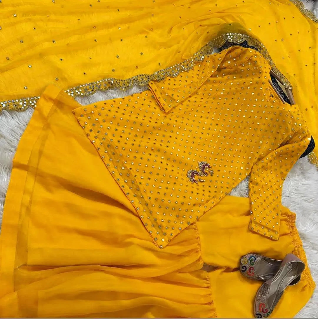 Yellow 9MM Sequence Embroidered 3Piece Set