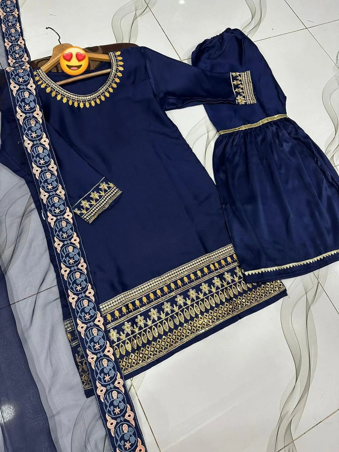 Blue Sequins Embroidered 3Pcs Eid Party Wear Set