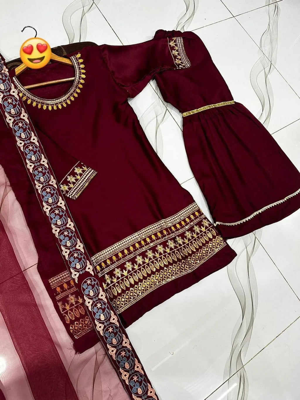 Maroon Embroidered 3Pcs Shamose Silk Set