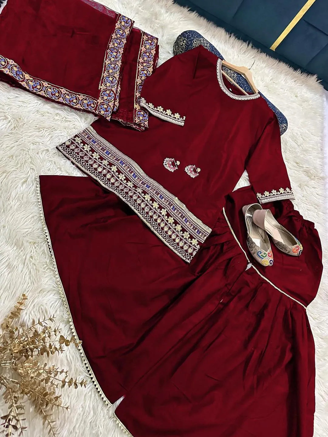 Maroon 3Pcs Shamoz Silk Gharara Set With Sequins Embroidery