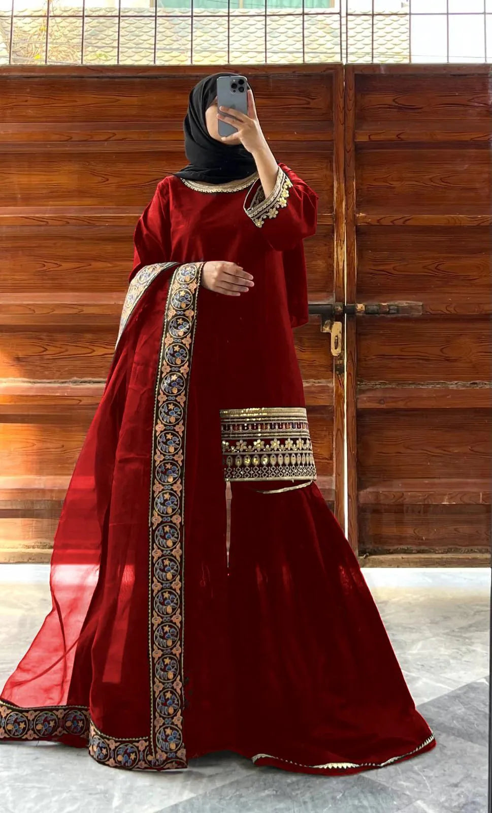 Maroon Shamoz Silk 3-Piece Eid Wedding Set