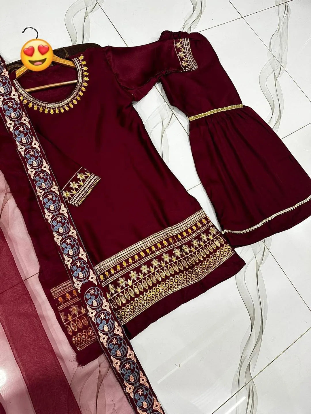 Maroon Shamoz Silk 3-Piece Eid Wedding Set