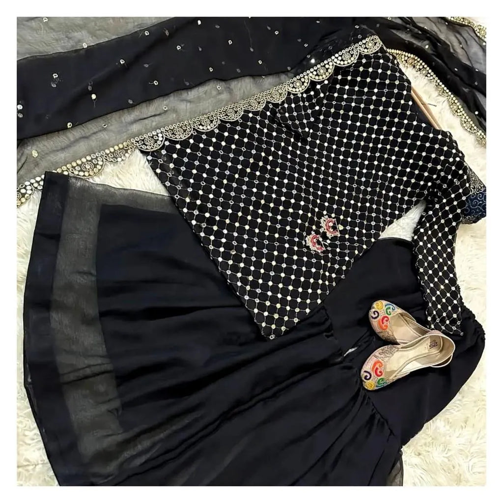 3 Pcs Women’s Stitched Chiffon Sheesha Work Gharara Shirt