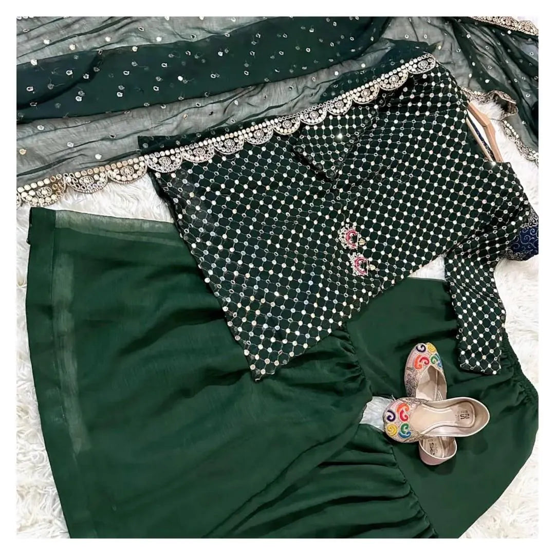 3 Pcs Women’s Stitched Chiffon Sheesha Work Gharara Shirt