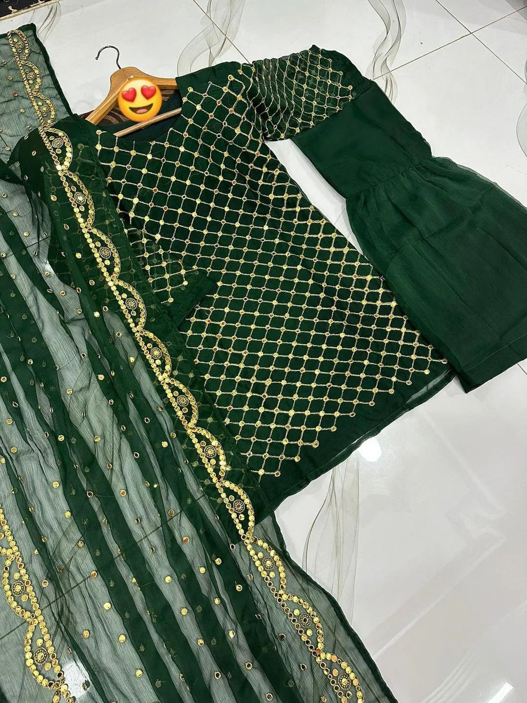 3 Pcs Women’s Stitched Chiffon Sheesha Work Gharara Shirt