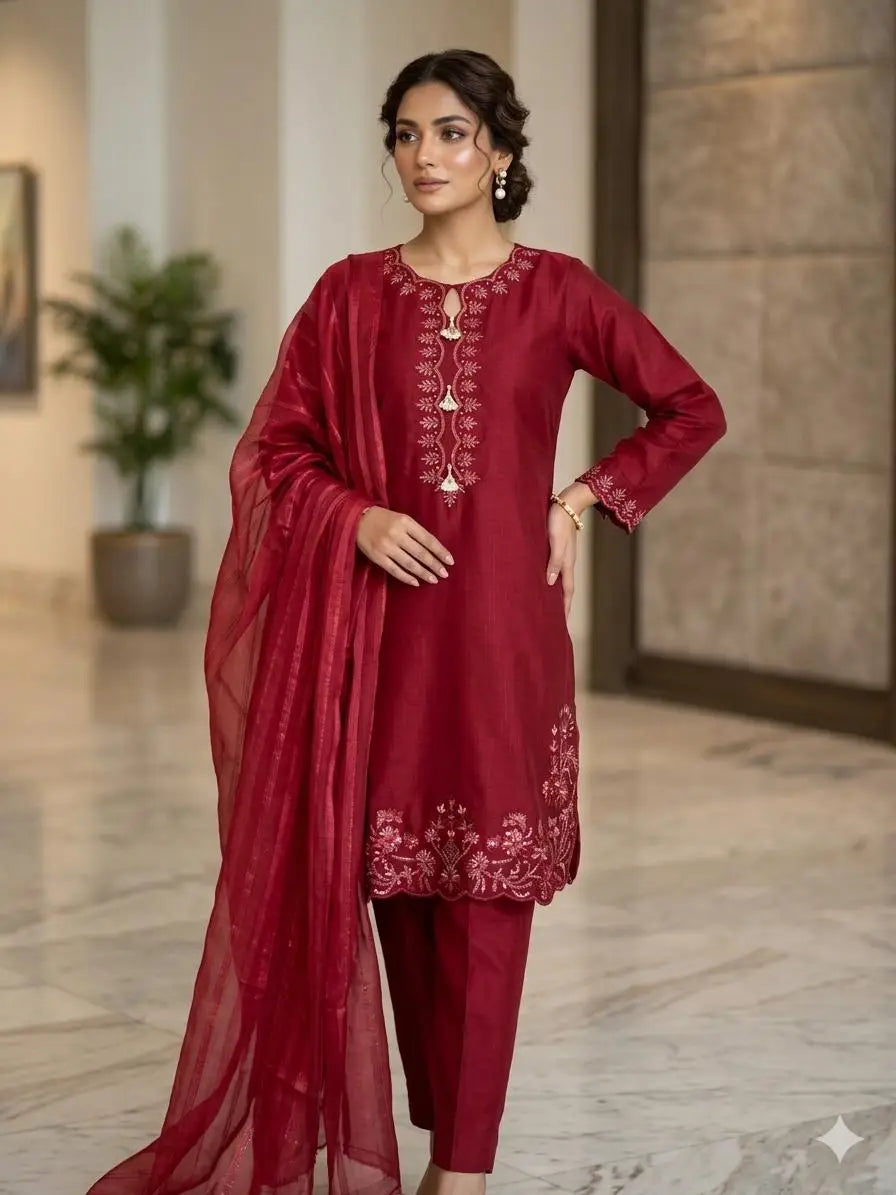3 Pcs Women’s Stitched Cotton Embroidered Suit