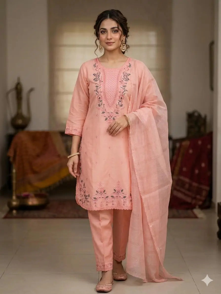 3 Pcs Women’s Stitched Cotton Embroidered Suit