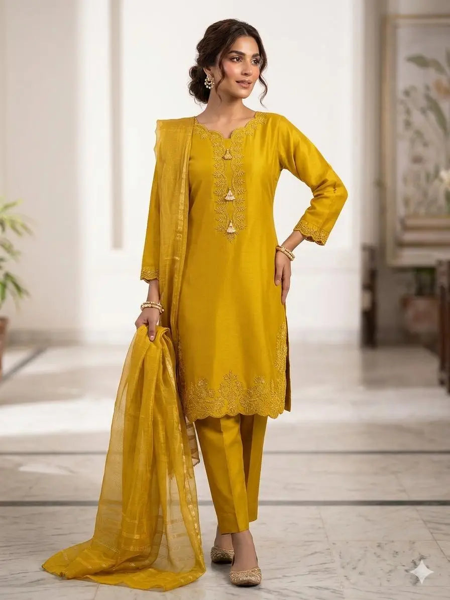 3 Pcs Women’s Stitched Cotton Embroidered Suit