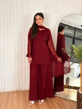 Women's Chiffon Short Shirt Palazzo 3 Piece Suit – Body Fitting Short Shirt with Back Luppi Dori Work, Chiffon Palazzo & Plain Dupatta | Pakistani Stitched Dress