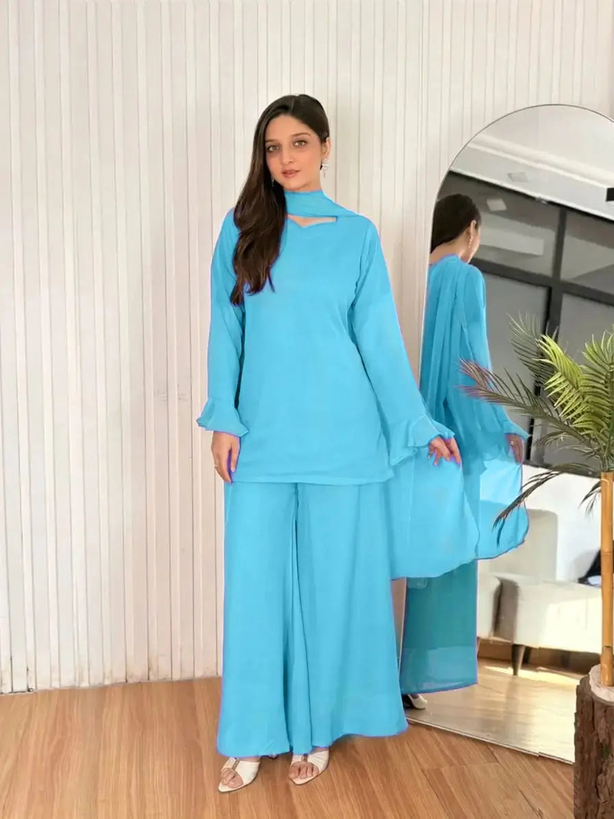 Women's Chiffon Short Shirt Palazzo 3 Piece Suit – Body Fitting Short Shirt with Back Luppi Dori Work, Chiffon Palazzo & Plain Dupatta | Pakistani Stitched Dress