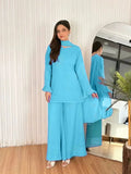 Women's Chiffon Short Shirt Palazzo 3 Piece Suit – Body Fitting Short Shirt with Back Luppi Dori Work, Chiffon Palazzo & Plain Dupatta | Pakistani Stitched Dress