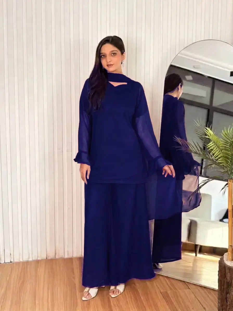 Women's Chiffon Short Shirt Palazzo 3 Piece Suit – Body Fitting Short Shirt with Back Luppi Dori Work, Chiffon Palazzo & Plain Dupatta | Pakistani Stitched Dress