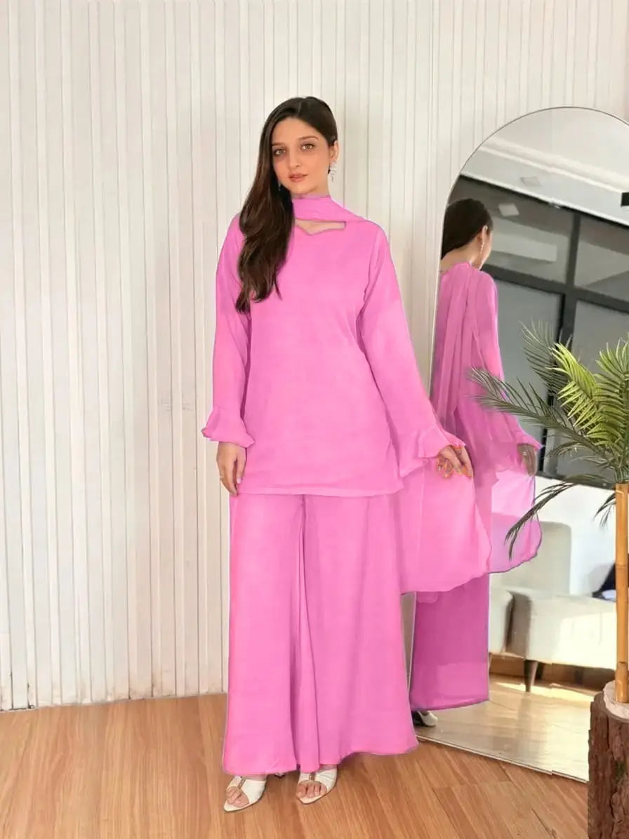 Women's Chiffon Short Shirt Palazzo 3 Piece Suit – Body Fitting Short Shirt with Back Luppi Dori Work, Chiffon Palazzo & Plain Dupatta | Pakistani Stitched Dress