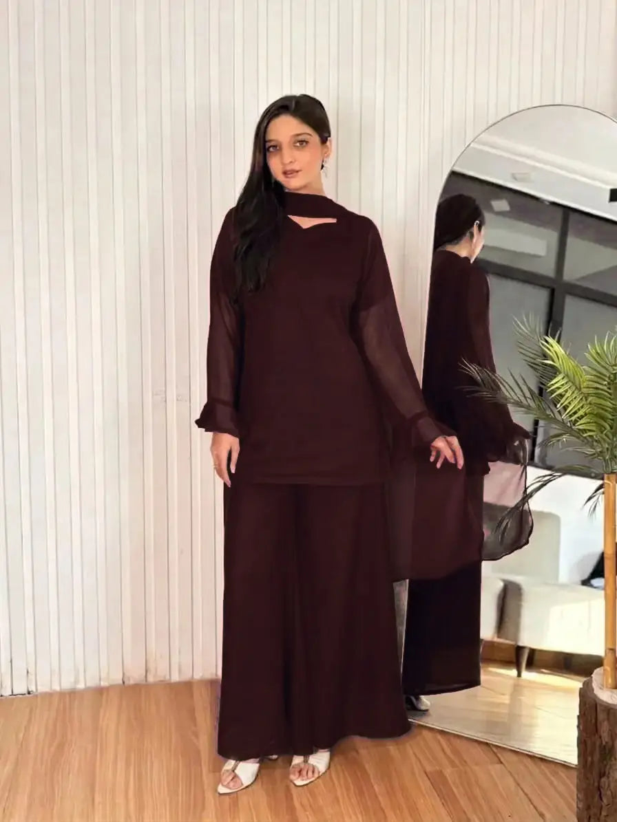 Women's Chiffon Short Shirt Palazzo 3 Piece Suit – Body Fitting Short Shirt with Back Luppi Dori Work, Chiffon Palazzo & Plain Dupatta | Pakistani Stitched Dress
