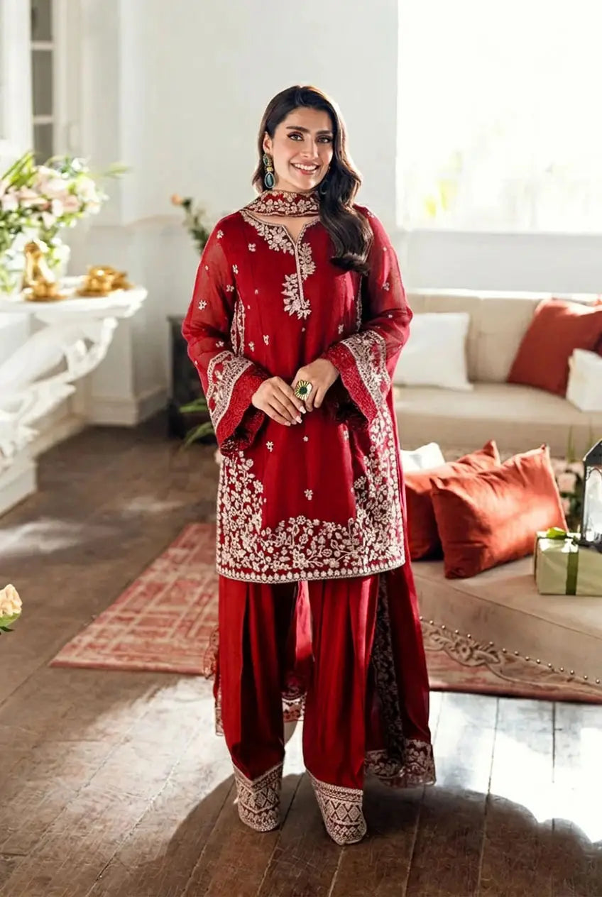 Women's Embroidered Farshi Shalwar 3 Piece Silk Suit with Embroidered Chiffon Dupatta – Pakistani Party Wear Dress