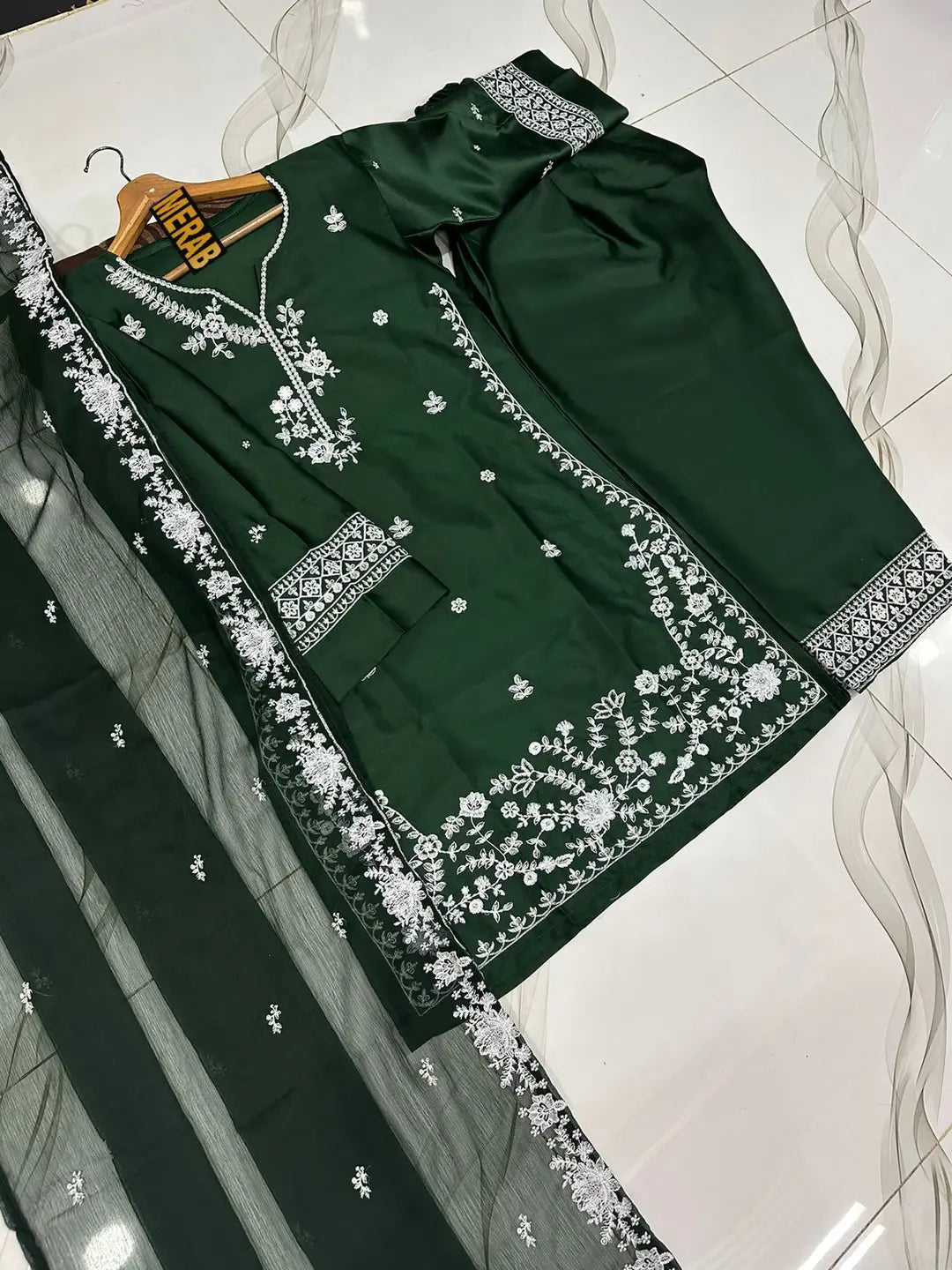 Women's Embroidered Farshi Shalwar 3 Piece Silk Suit with Embroidered Chiffon Dupatta – Pakistani Party Wear Dress