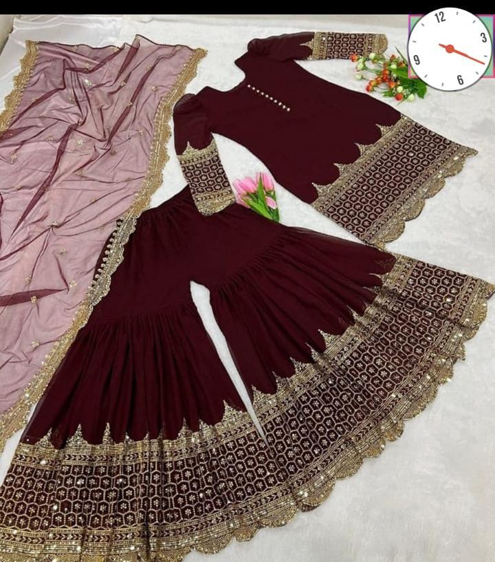 Maroon Sequins Embroidered Mehndi Suit 3Pc Silk Set