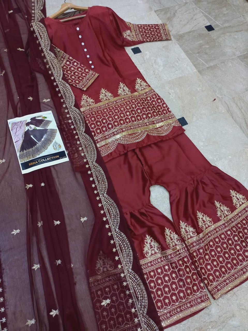 Maroon Sequins Embroidered Mehndi Suit 3Pc Silk Set