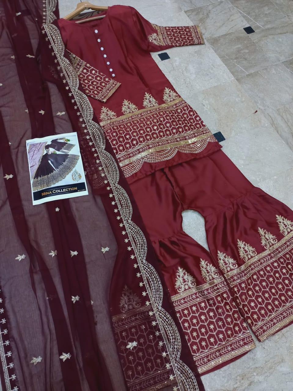 Maroon Sequins Embroidered Mehndi Suit 3Pc Silk Set