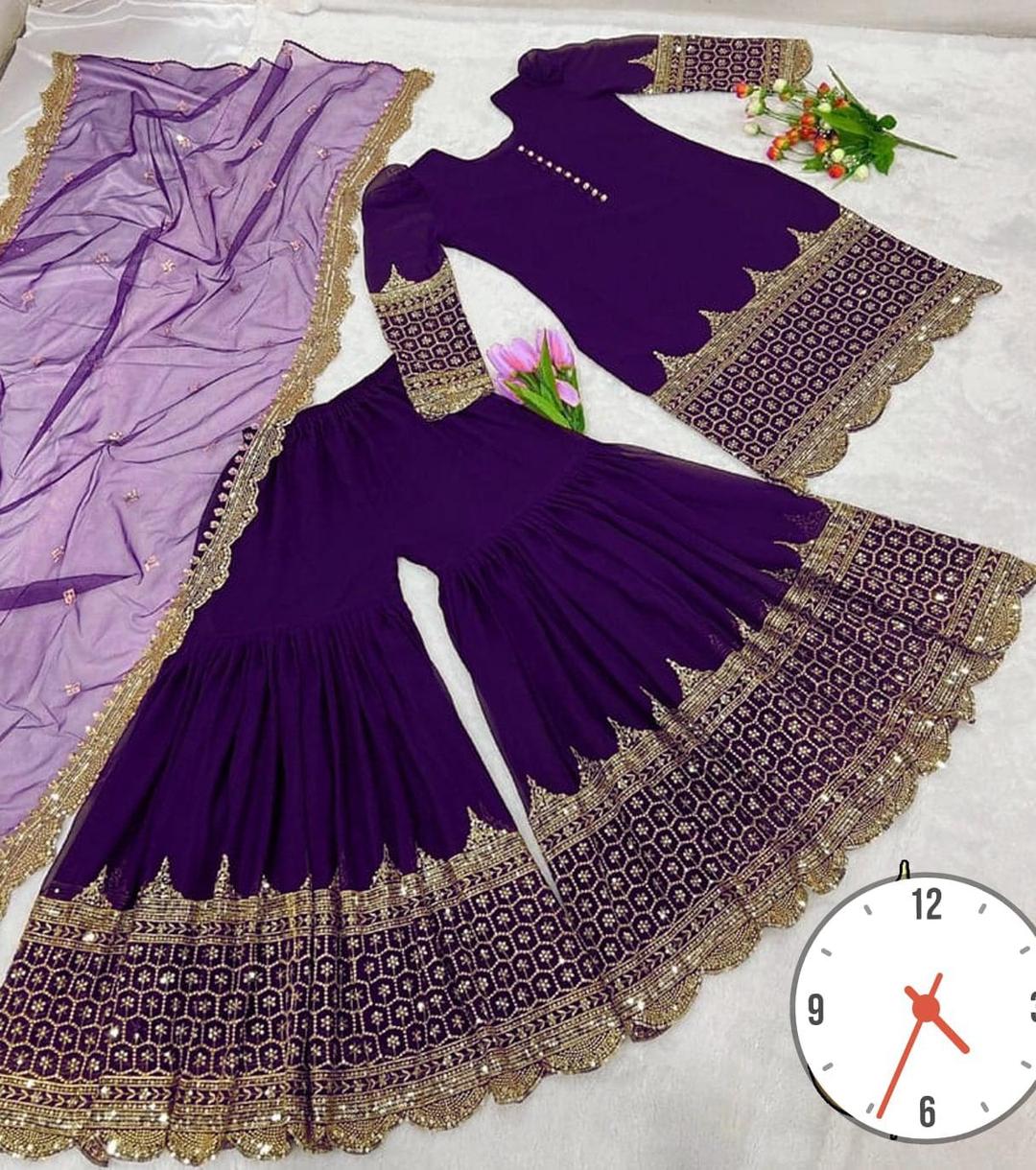 Purple Silk Mehndi Suit with Sequins Embroidery for Weddings
