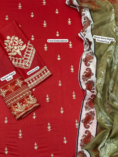 3 Pcs Women's Unstitched Embroidered Suit