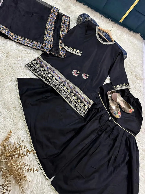3 Pcs Women Embroidered Shamoz Silk Gharara Set Black