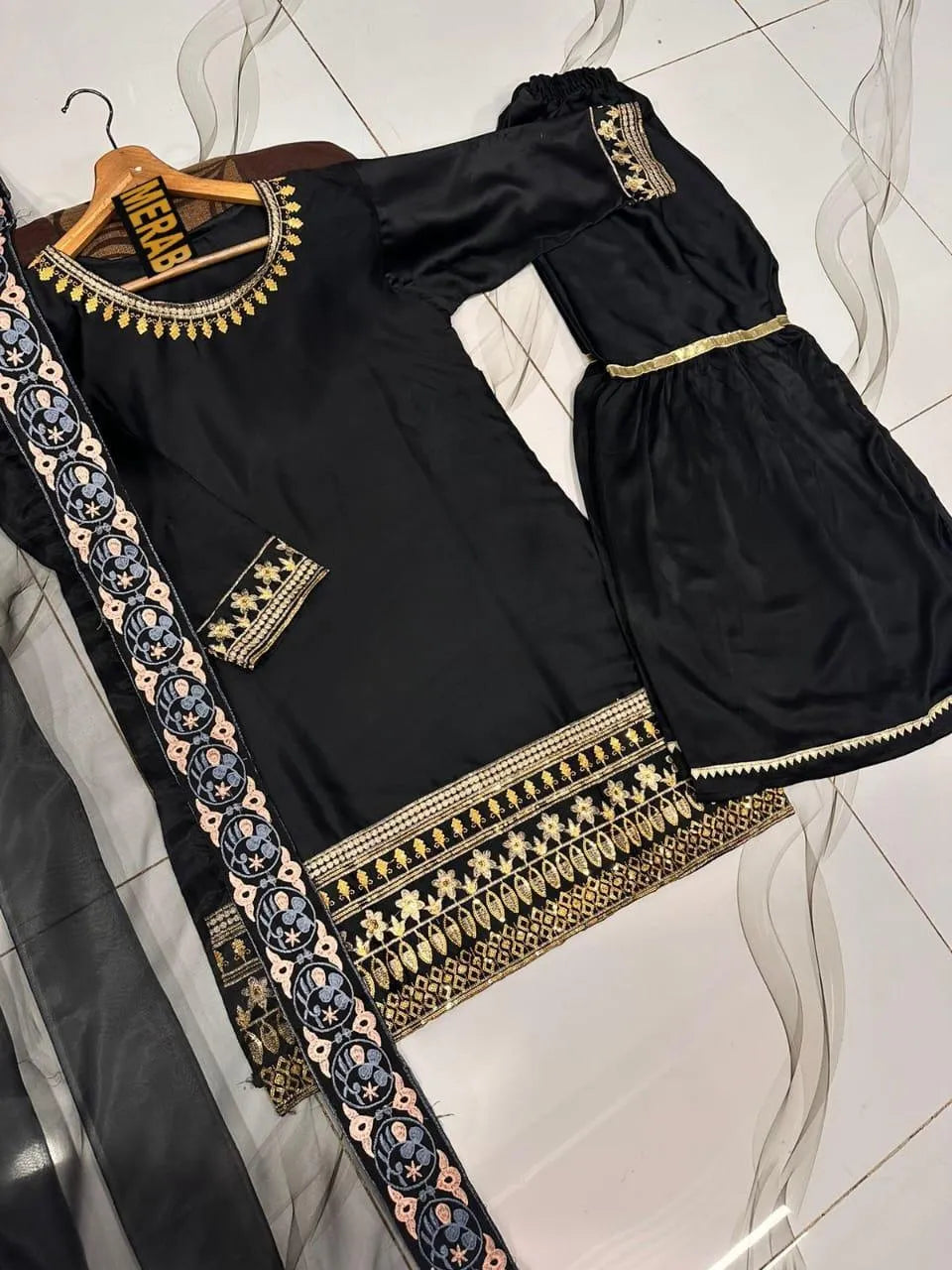 3 Pcs Women Embroidered Shamoz Silk Gharara Set Black