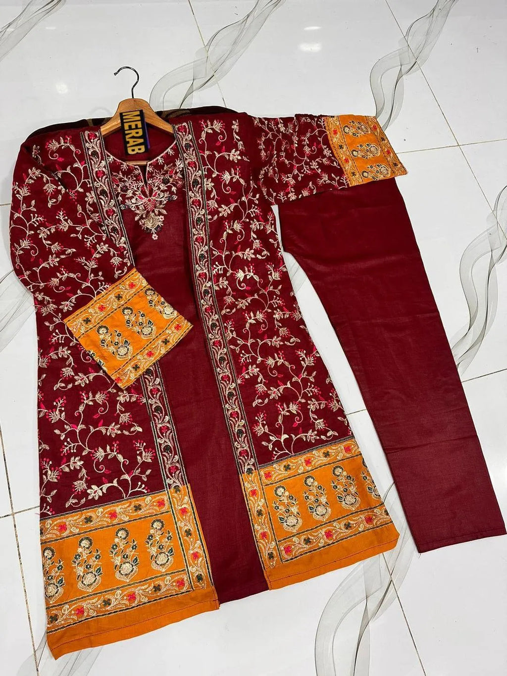 Maroon Embroidered 3-Piece Cotton Suit
