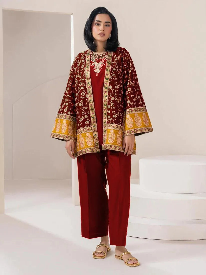 Maroon Embroidered 3-Piece Cotton Suit
