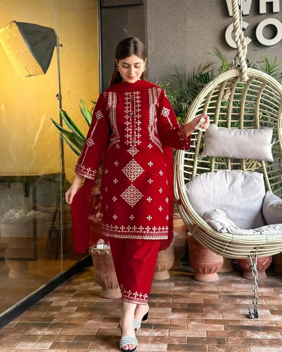 Maroon Sequin Embroidered 3-Piece Suit for Women