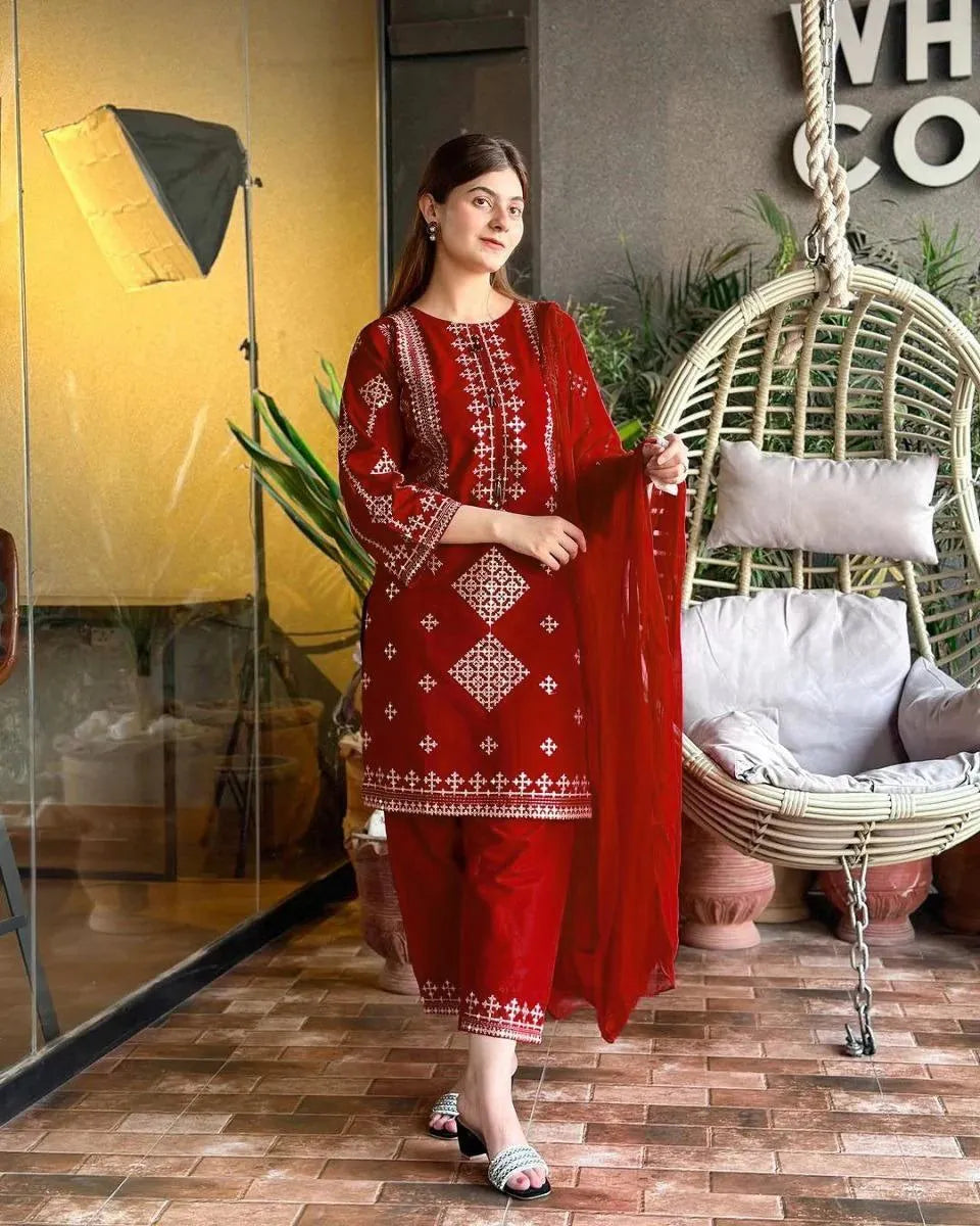 Maroon Sequin Embroidered 3-Piece Suit for Women