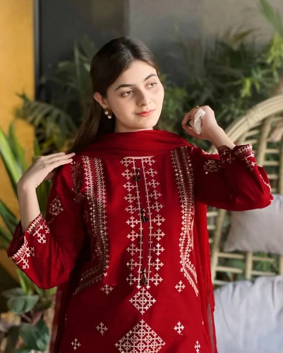 Maroon Sequin Embroidered 3-Piece Suit for Women