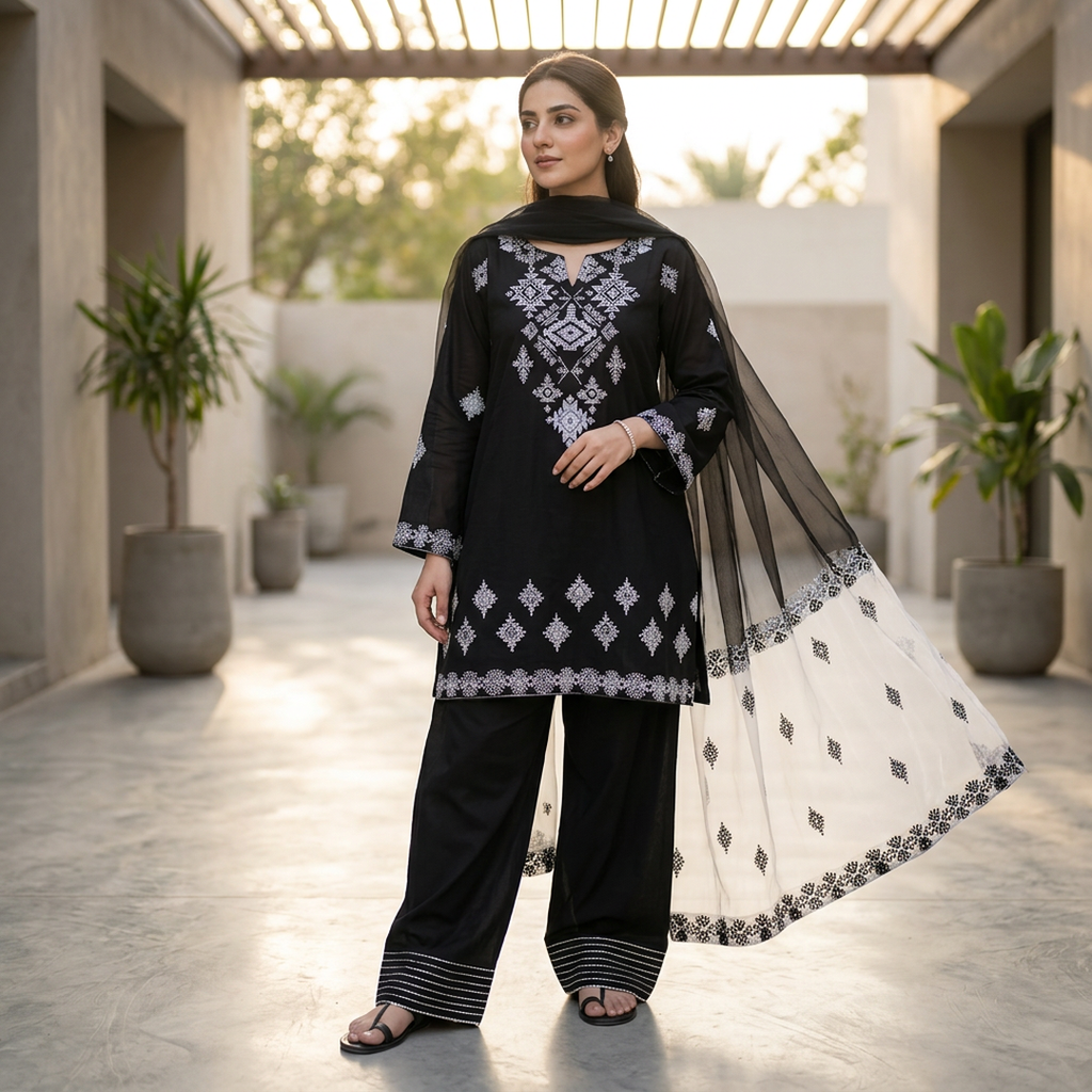 Black Embroidered 3Pcs Cotton Set with Organza Dupatta
