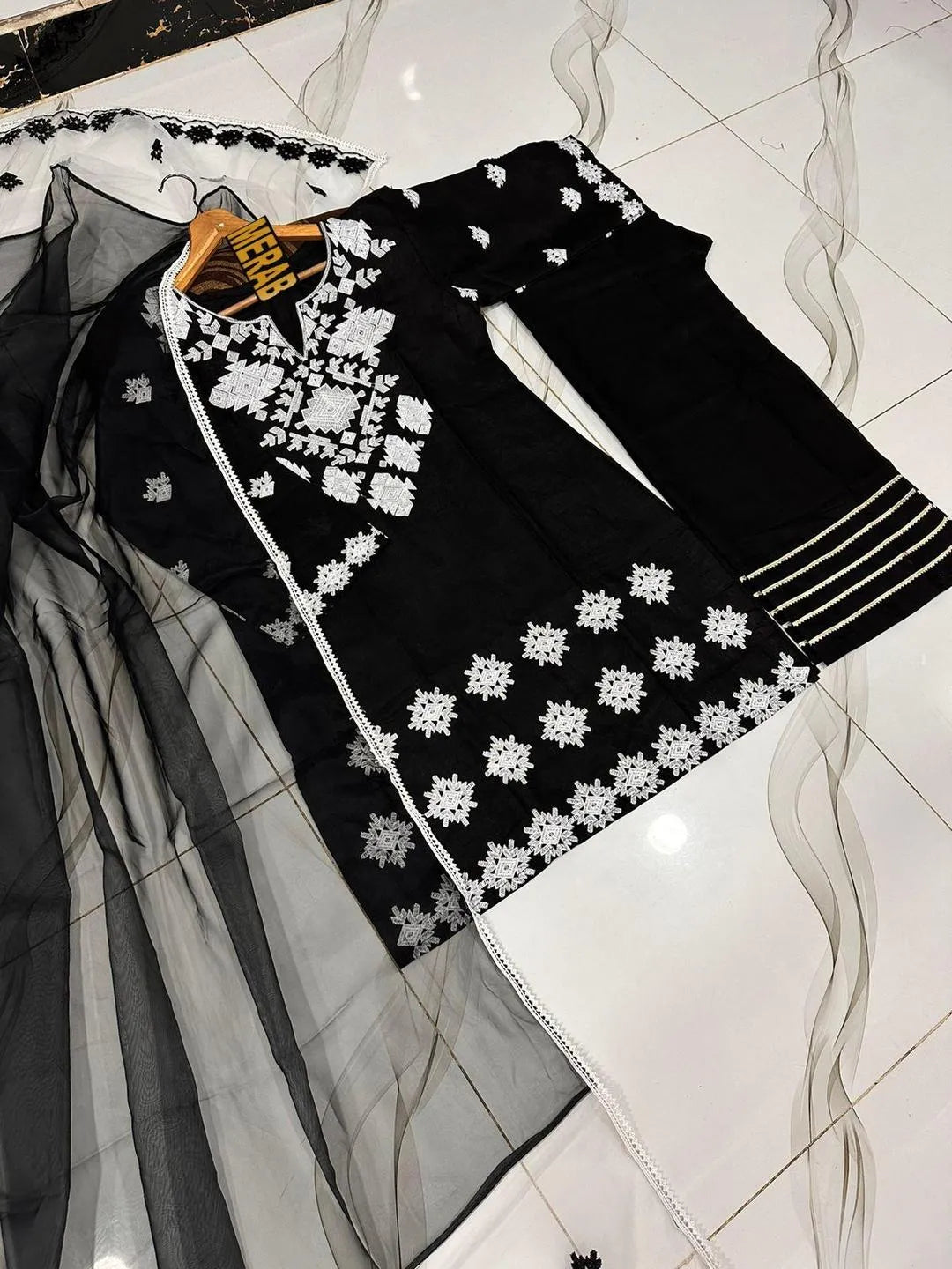 Black Embroidered 3Pcs Cotton Set with Organza Dupatta