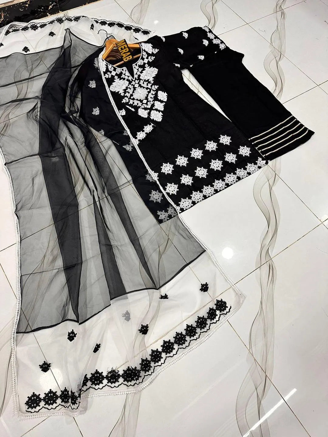 Black Embroidered 3Pcs Cotton Set with Organza Dupatta