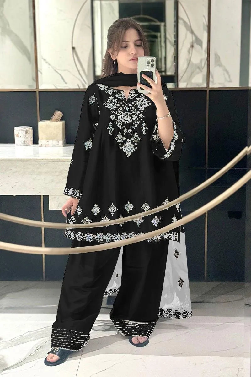 Black Embroidered 3Pcs Cotton Set with Organza Dupatta