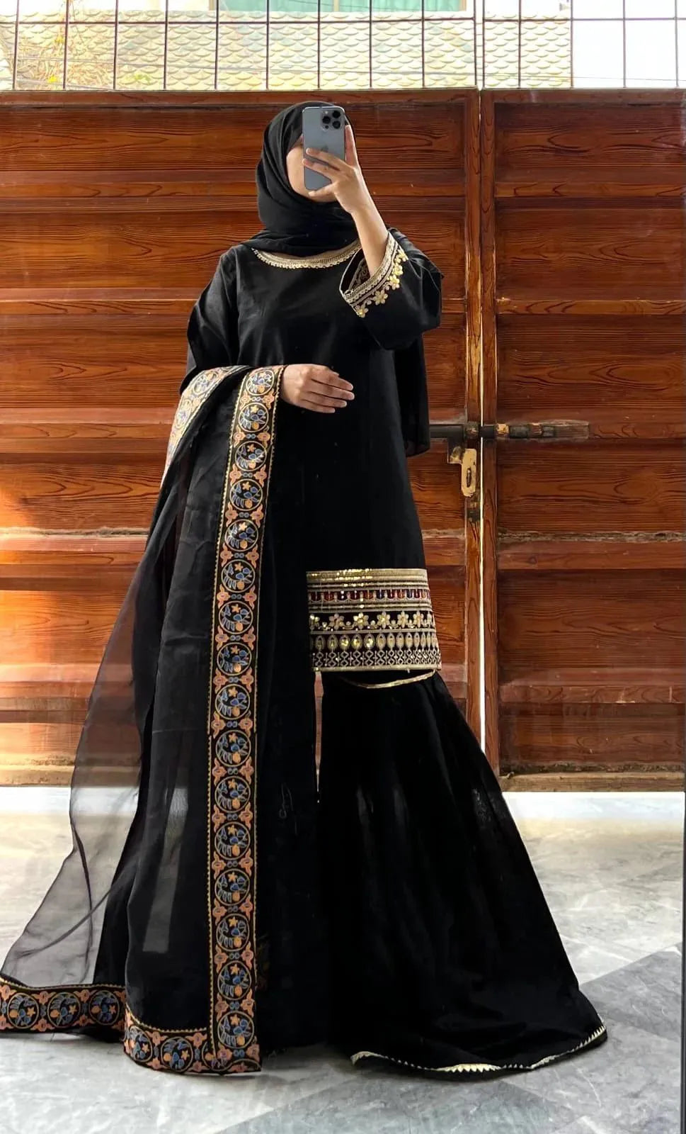 Black Shamoz Silk 3-Piece Wedding Eid Set with Laser Work Dupatta