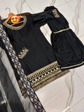 Black Shamoz Silk 3-Piece Wedding Eid Set with Laser Work Dupatta