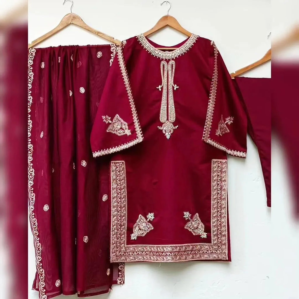 Maroon 3-Piece Shamoz Silk Wedding Suit with Embroidery