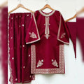 Maroon 3-Piece Shamoz Silk Wedding Suit with Embroidery